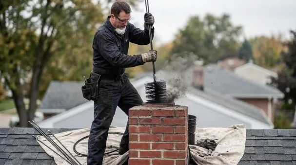 Chimney sweep working on a Platt Park roof